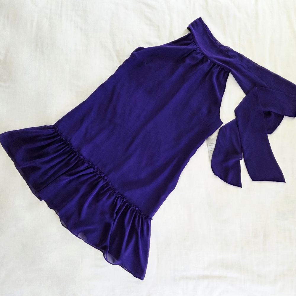 NWT Eliza J Tie Neck‎ Halter Chiffon Ruffle Mini Swing Trapeze Dress Purple 12